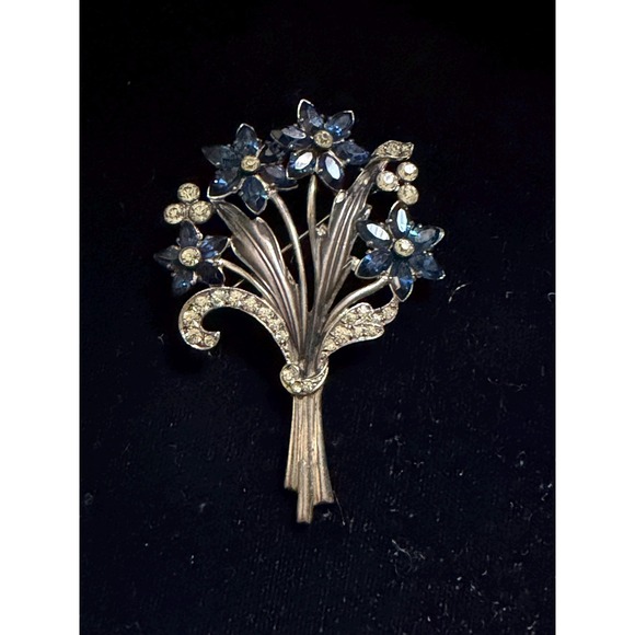 otis Jewelry - Art Deco Otis Sterling Silver & Crystal Stone Floral Brooch